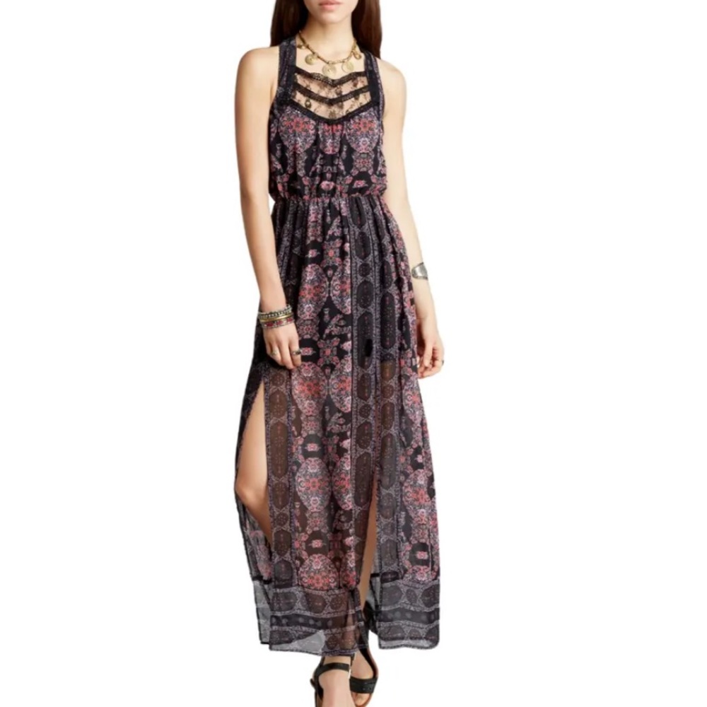 Free People Moroccan Black Printed Lace Yoke Maxi Dress